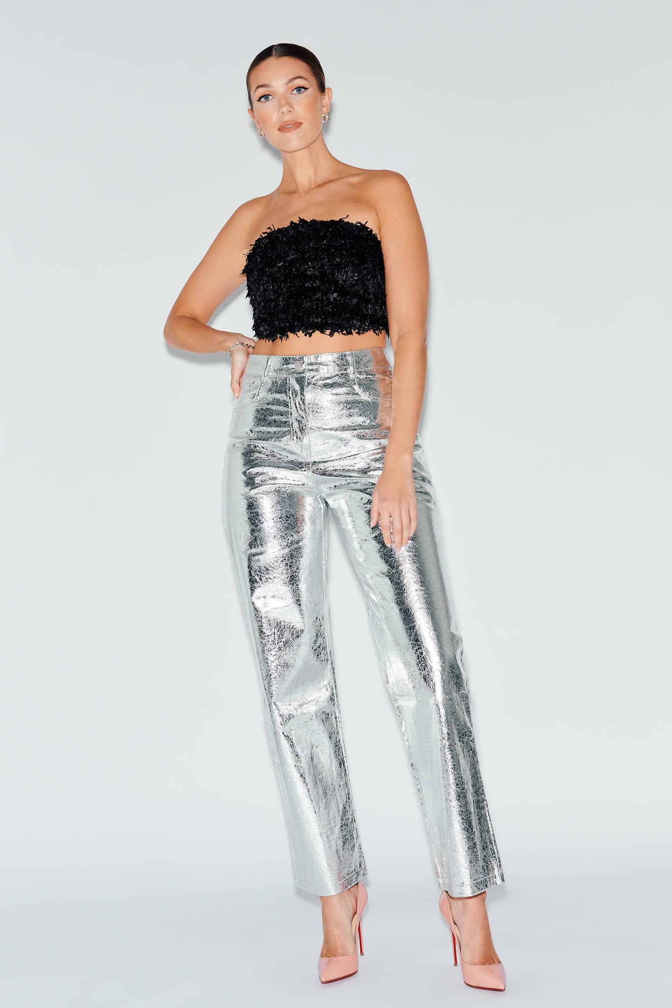 Faux Leather Metallic Textured Pants Fern & Moon Faux Leather Metallic Textured Pants Fern & Moon