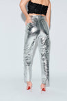 High waist silver faux leather pants with black feather crop top
